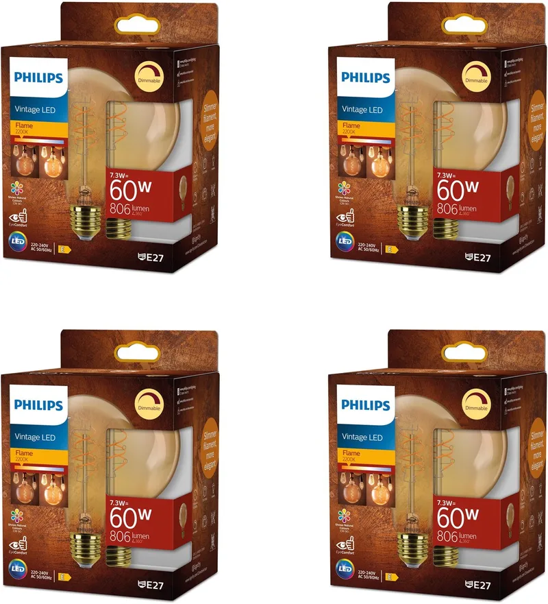 Voordeelverpakking - E27 - LED Globelamp - Helder - 60W - Amber - Dimbaar - Warmwit Licht - Set van 4 Stuks de Philips – photo produit