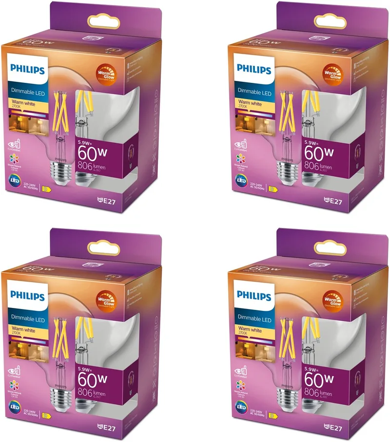 Voordeelverpakking - E27 - LED Globelamp - Helder - 60W - Dimbaar - Warmwit Licht - Set van 4 Stuks fra Philips – produktbillede