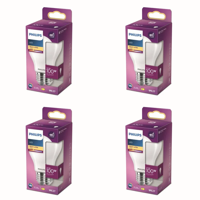 Voordeelverpakking - E27 - LED Globelamp - Mat - 100W - Niet Dimbaar - Warmwit Licht - Set van 4 Stuks fra Philips – produktbillede