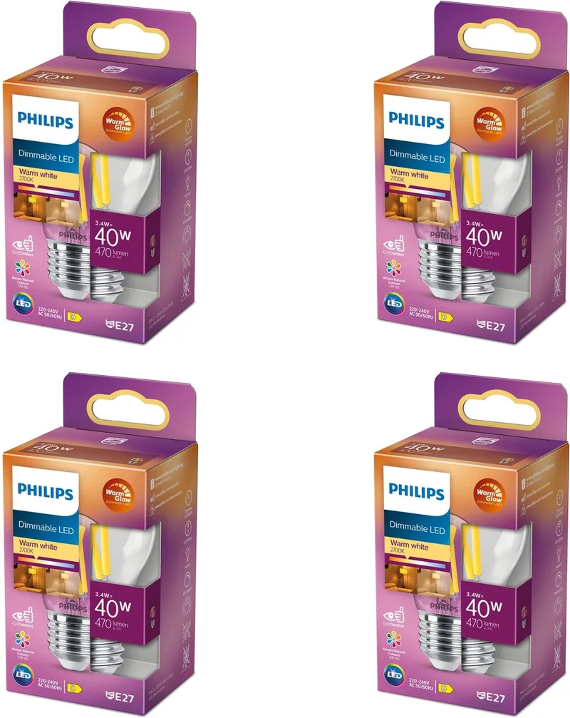 Voordeelverpakking - E27 - LED Kogellamp - Helder - 40W - Dimbaar - Warmwit Licht - Set van 4 Stuks fra Philips – produktbillede