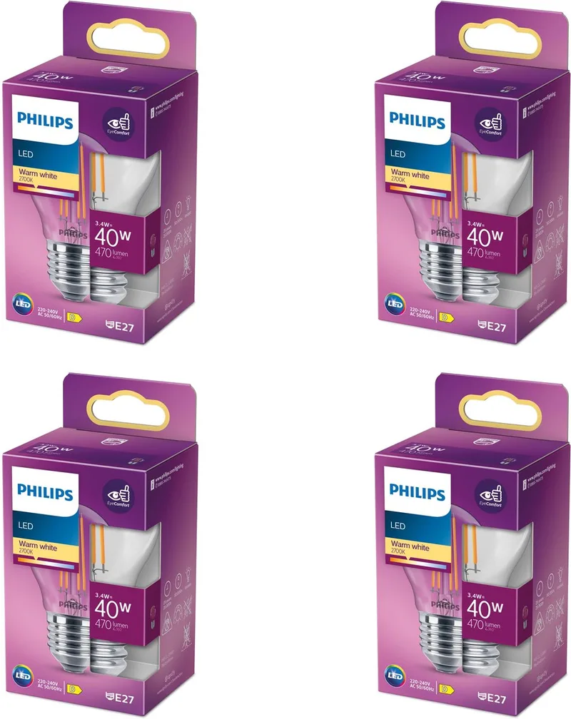 Voordeelverpakking - E27 - LED Kogellamp - Helder - 40W - Niet Dimbaar - Warmwit Licht - Set van 4 Stuks von Philips – Produktfoto