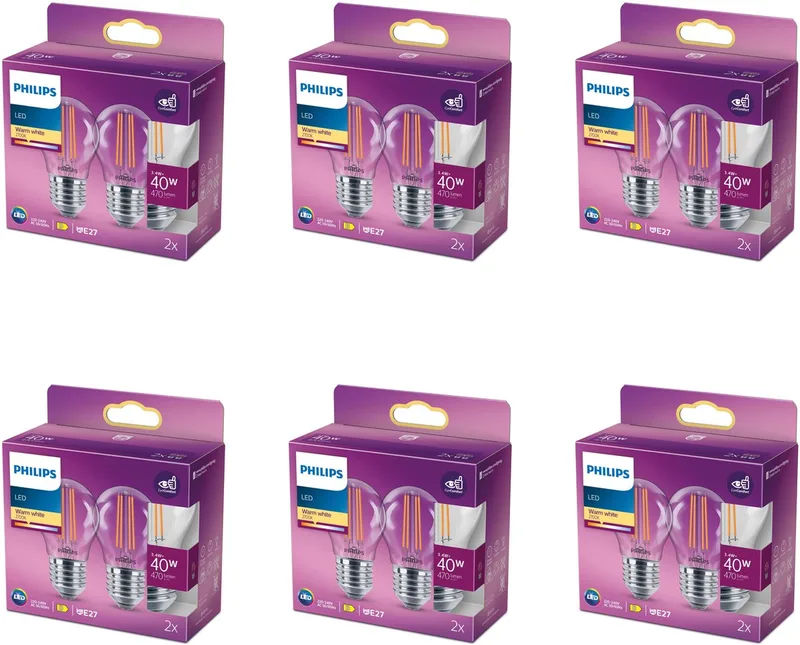 Voordeelverpakking - E27 - LED Kogellamp - Helder - 40W - Niet Dimbaar - Warmwit Licht - Set van 12 Stuks de Philips – photo produit