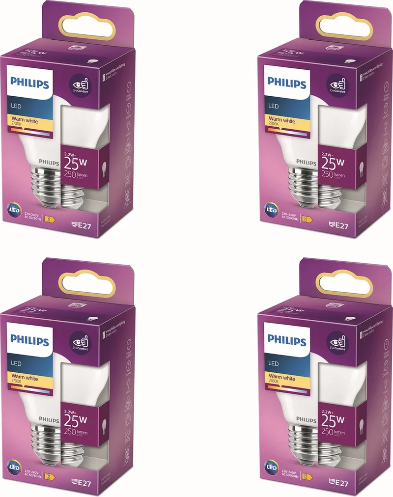 Voordeelverpakking - E27 - LED Kogellamp - Mat - 25W - Niet Dimbaar - Warmwit Licht - Set van 4 Stuks fra Philips – produktbillede