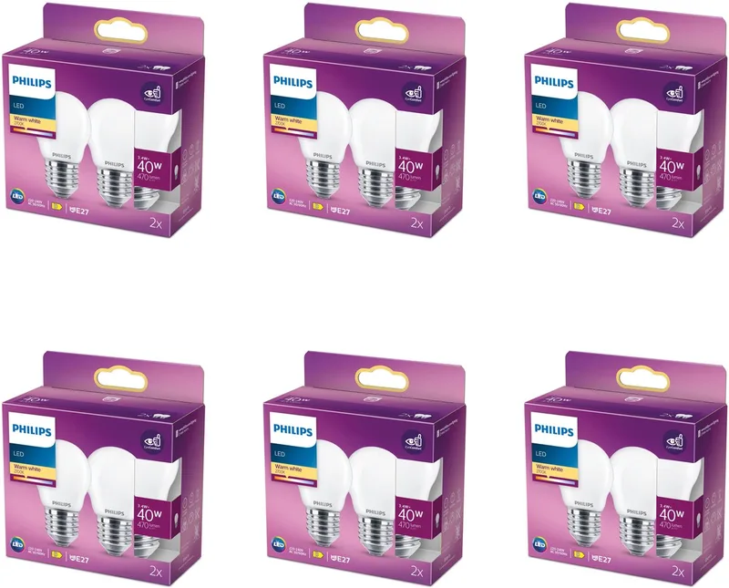 Voordeelverpakking - E27 - LED Kogellamp - Mat - 40W - Niet Dimbaar - Warmwit Licht - Set van 12 Stuks by Philips – product photo