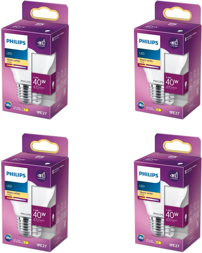 Voordeelverpakking - E27 - LED Kogellamp - Mat - 40W - Niet Dimbaar - Warmwit Licht - Set van 4 Stuks von Philips – Produktfoto
