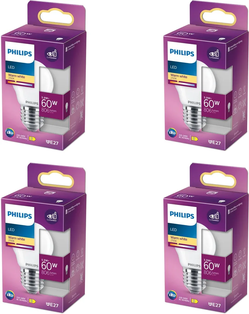 Voordeelverpakking - E27 - LED Kogellamp - Mat - 60W - Niet Dimbaar - Warmwit Licht - Set van 4 Stuks fra Philips – produktbillede
