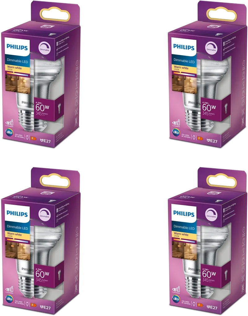 Voordeelverpakking - E27 - LED Reflector lamp - 60W - Dimbaar - Warmwit Licht - Set van 4 Stuks fra Philips – produktbillede
