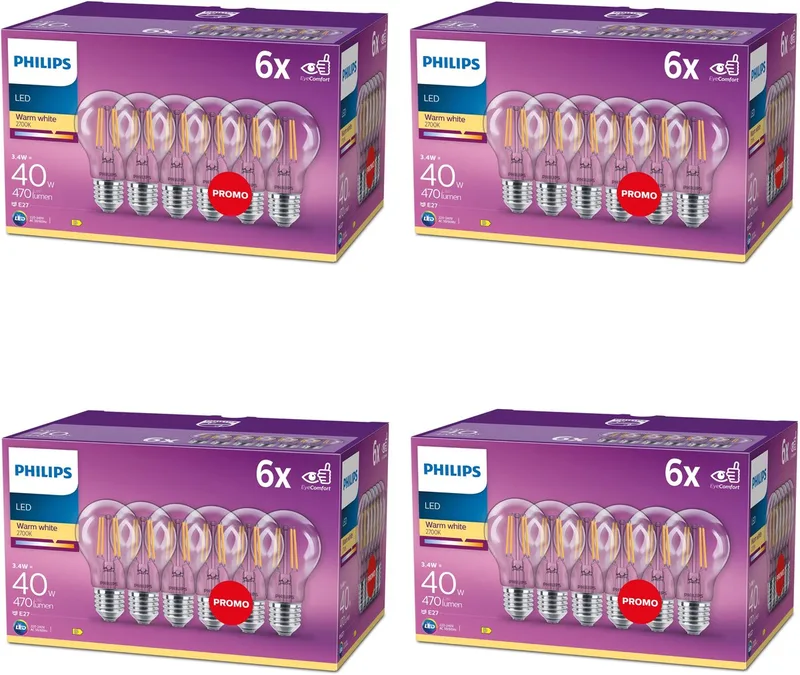 Voordeelverpakking - E27 - LED Standaard lamp - Helder - 40W - Niet Dimbaar - Warmwit Licht - Set van 24 Stuks de Philips – photo produit