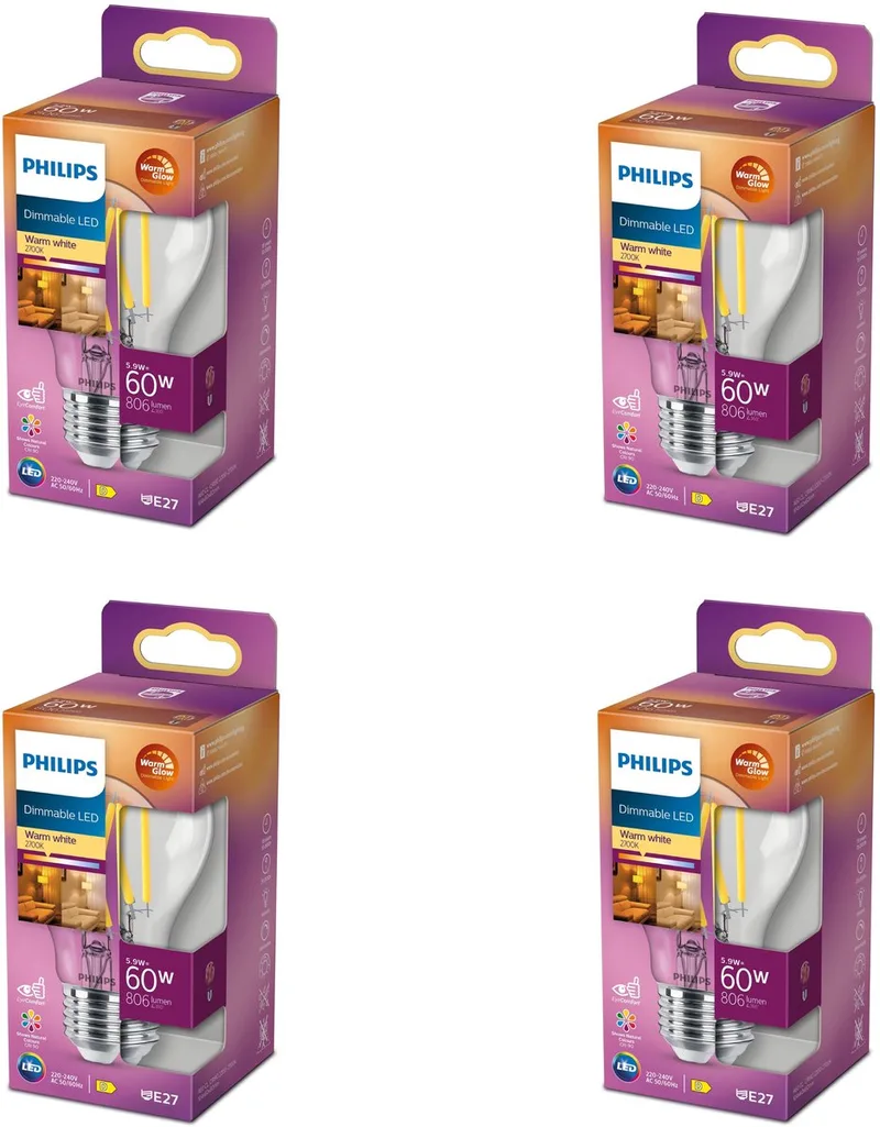 Voordeelverpakking - E27 - LED Standaard lamp - Helder - 60W - Dimbaar - Warmwit Licht - Set van 4 Stuks de Philips – photo produit