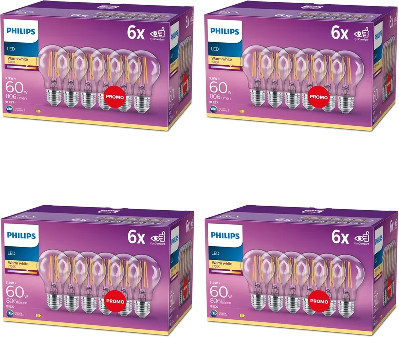 Voordeelverpakking - E27 - LED Standaard lamp - Helder - 60W - Niet Dimbaar - Warmwit Licht - Set van 24 Stuks de Philips – photo produit