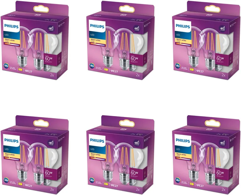 Voordeelverpakking - E27 - LED Standaard lamp - Helder - 60W - Niet Dimbaar - Warmwit Licht - Set van 12 Stuks de Philips – photo produit