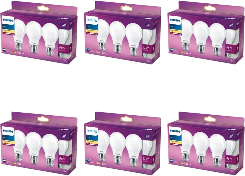 Voordeelverpakking - E27 - LED Standaard lamp - Helder - 60W - Niet Dimbaar - Warmwit Licht - Set van 18 Stuks de Philips – photo produit