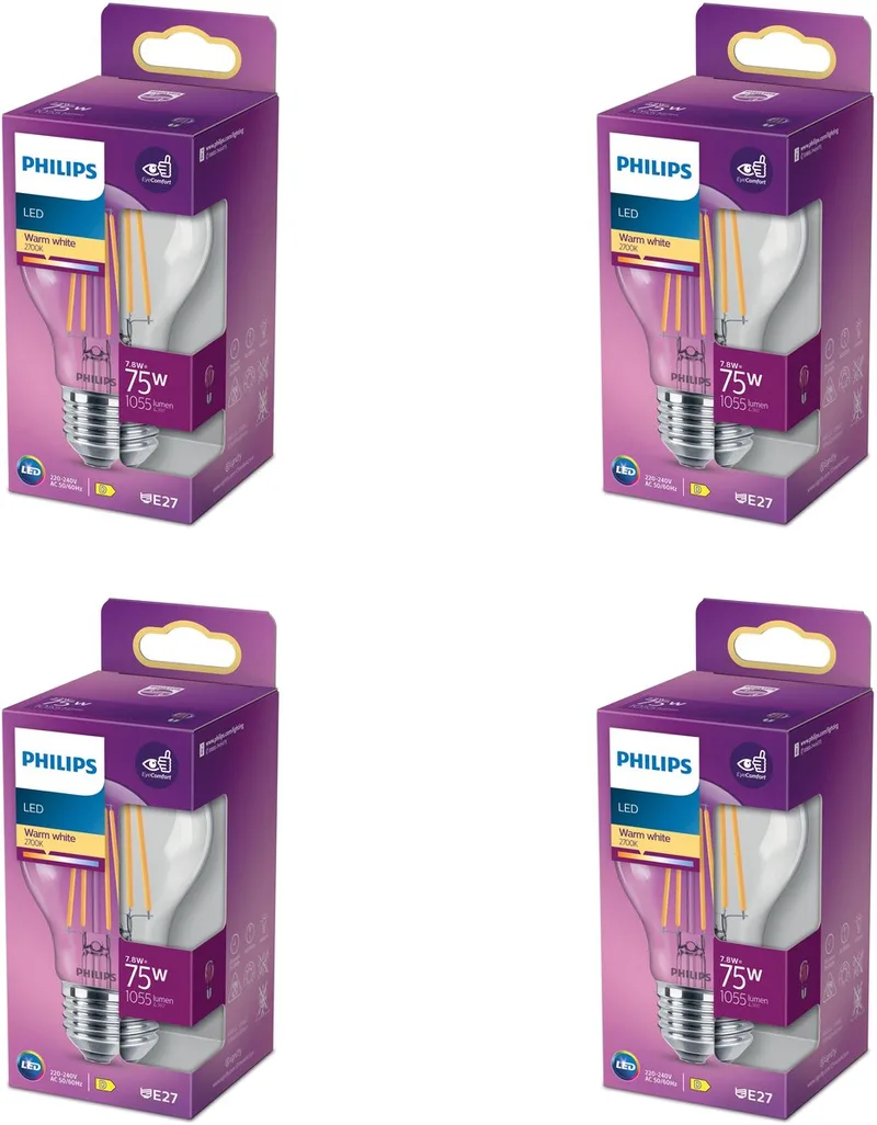 Voordeelverpakking - E27 - LED Standaard lamp - Helder - 75W - Niet Dimbaar - Warmwit Licht - Set van 4 Stuks de Philips – photo produit