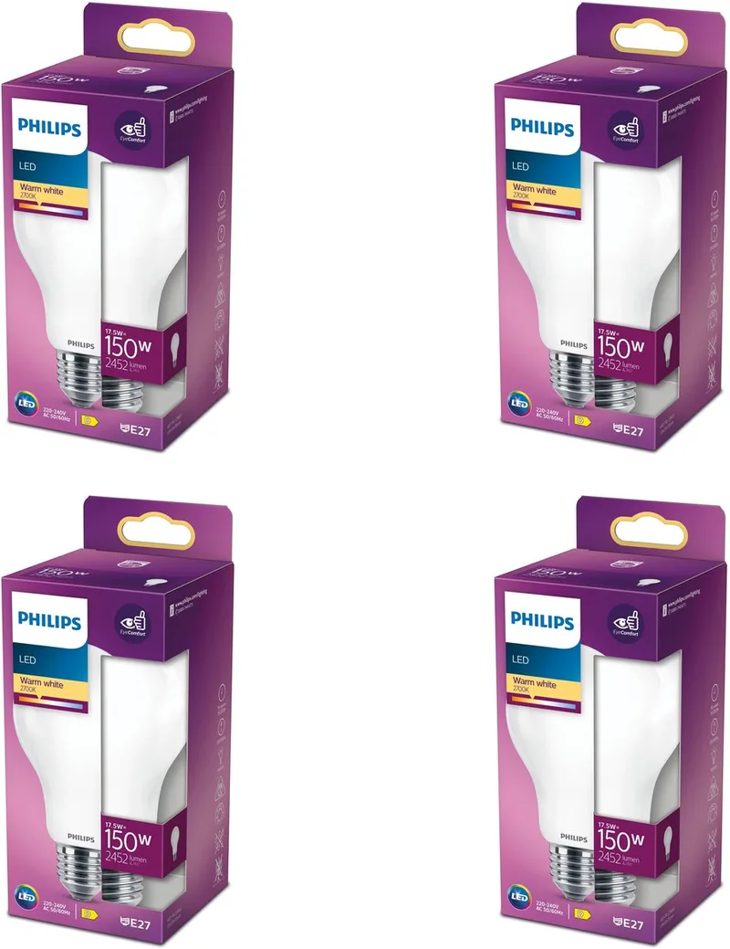 Voordeelverpakking - E27 - LED Standaard lamp - Mat - 150W - Niet Dimbaar - Warmwit Licht - Set van 4 Stuks von Philips – Produktfoto