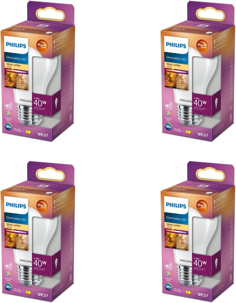 Voordeelverpakking - E27 - LED Standaard lamp - Mat - 40W - Dimbaar - Warmwit Licht - Set van 4 Stuks de Philips – photo produit