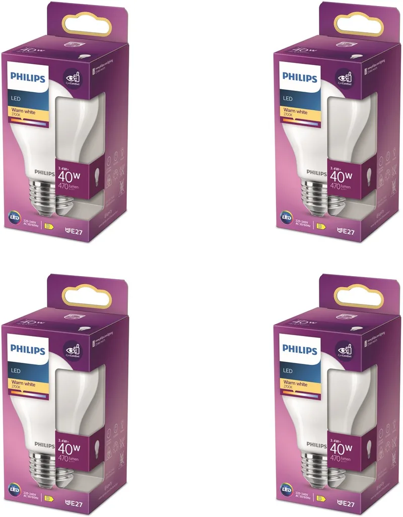 Voordeelverpakking - E27 - LED Standaard lamp - Mat - 40W - Niet Dimbaar - Warmwit Licht - Set van 4 Stuks by Philips – product photo