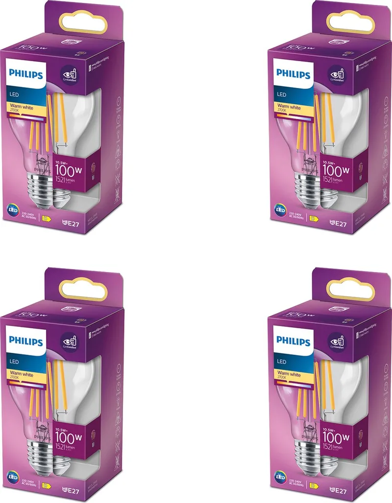 Voordeelverpakking - E27 - LED Standaardlamp - Helder - 100W - Niet Dimbaar - Warmwit Licht - Set van 4 Stuks de Philips – photo produit