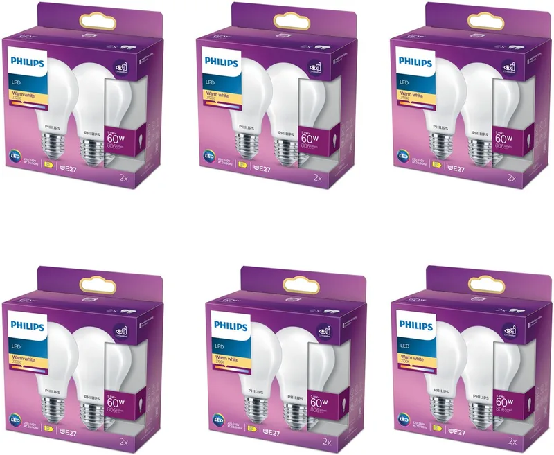 Voordeelverpakking - E27 - LED Standaardlamp - Mat - 60W - Dimbaar - Warmwit Licht - Set van 12 Stuks von Philips – Produktfoto