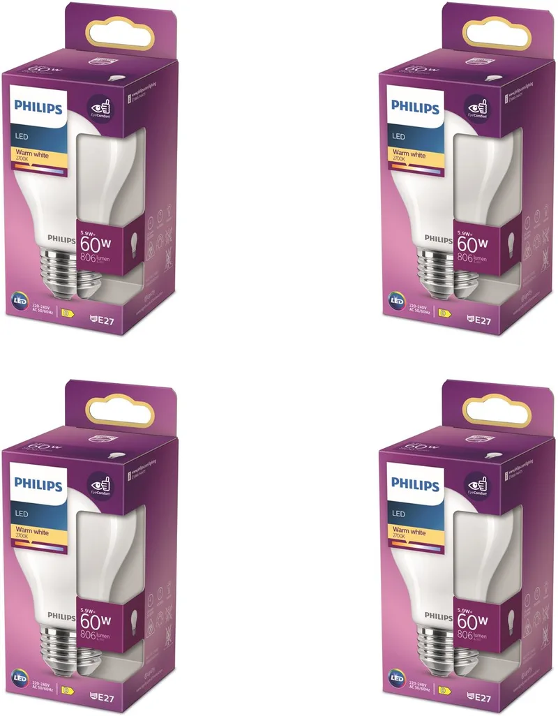 Voordeelverpakking - E27 - LED Standaardlamp - Mat - 60W - Niet Dimbaar - Warmwit Licht - Set van 4 Stuks de Philips – photo produit