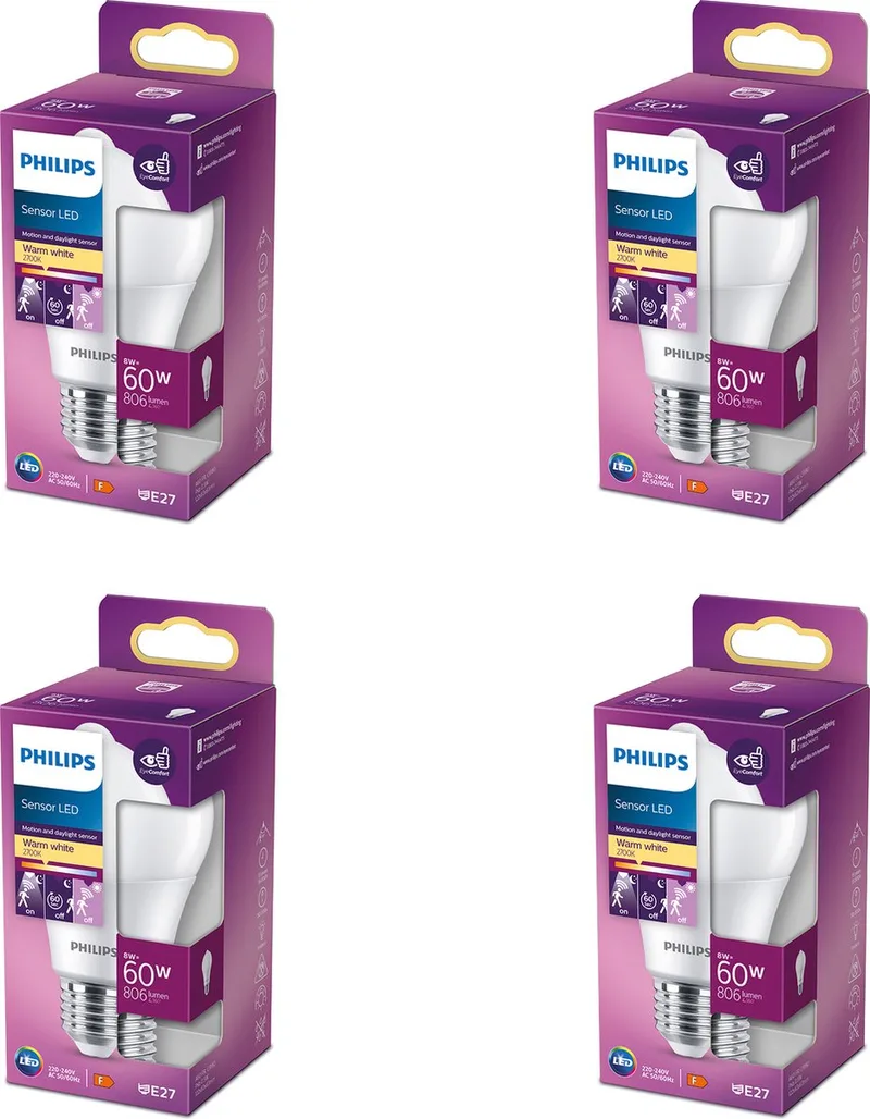 Voordeelverpakking - E27 - LED Standaardlamp met Bewegingssensor - Mat - 60W - Niet Dimbaar - Warmwit Licht - Set van 4 Stuks fra Philips – produktbillede