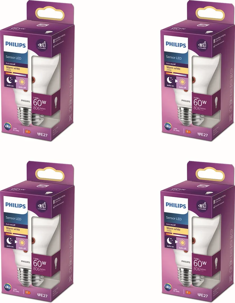 Voordeelverpakking - E27 - LED Standaardlamp met Schemersensor - Mat - 60W - Niet Dimbaar - Warmwit Licht - Set van 4 Stuks de Philips – photo produit