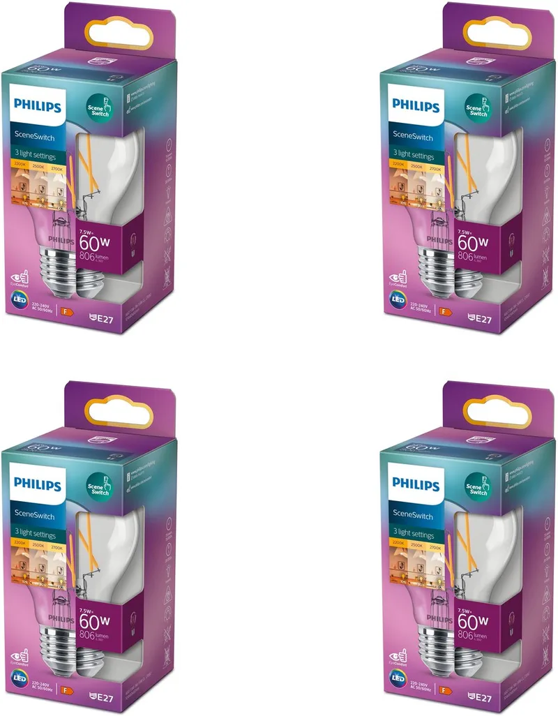 Voordeelverpakking - E27 - SceneSwitch - LED Standaard lamp - Mat - 60W - Warmwit Licht - Set van 4 Stuks fra Philips – produktbillede