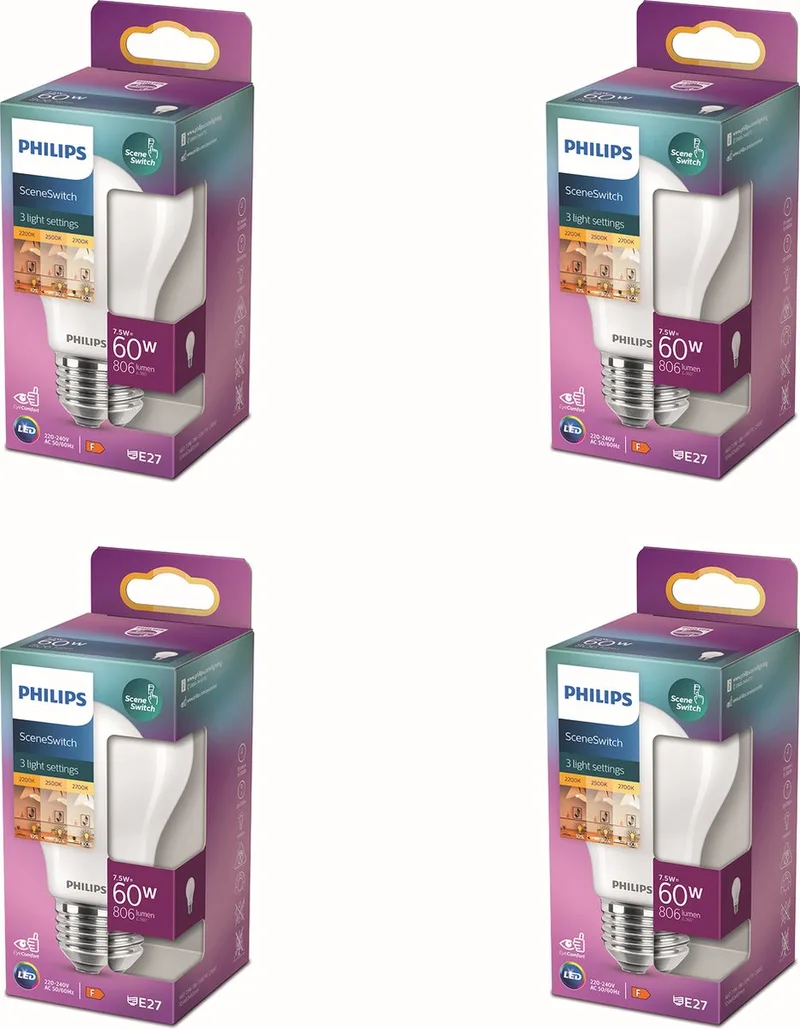 Voordeelverpakking - E27 - SceneSwitch - LED Standaardlamp - Mat - 60W - Dimbaar - Warmwit Licht - Set van 4 Stuks fra Philips – produktbillede