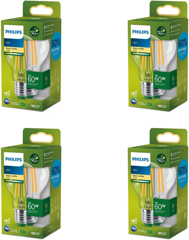 Voordeelverpakking - E27 - Ultra Efficient - LED Standaard lamp - Helder - 60W - Niet Dimbaar - Warmwit Licht - Set van 4 Stuks fra Philips – produktbillede