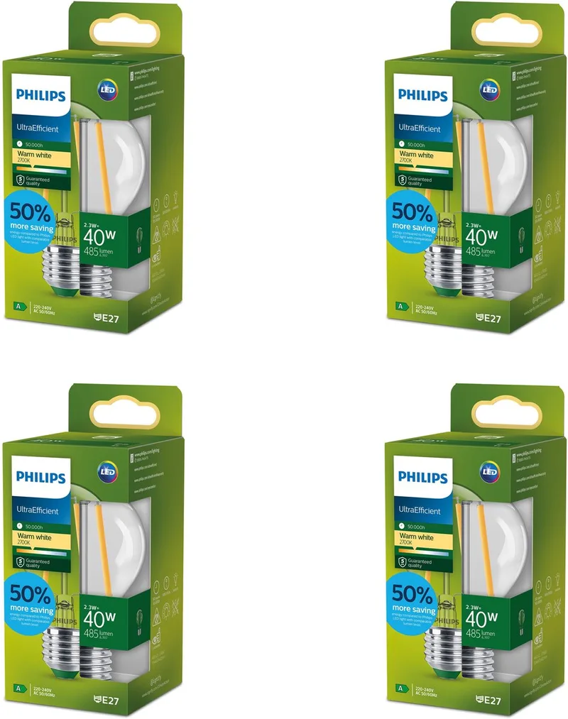 Voordeelverpakking - E27 - Ultra Efficient - LED Standaard lamp - Helder - 40W - Niet Dimbaar - Warmwit Licht - Set van 4 Stuks de Philips – photo produit