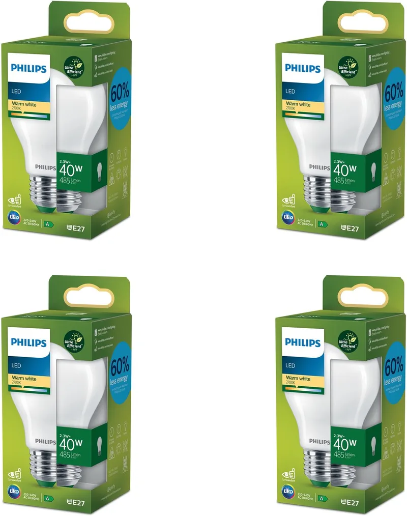 Voordeelverpakking - E27 - Ultra Efficient - LED Standaard lamp - Mat - 40W - Niet Dimbaar - Warmwit Licht - Set van 4 Stuks de Philips – photo produit
