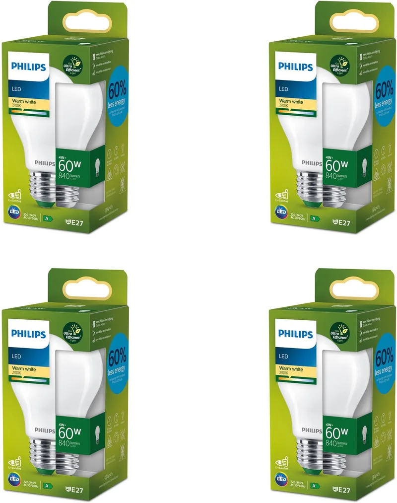 Voordeelverpakking - E27 - Ultra Efficient - LED Standaard lamp - Mat - 60W - Niet Dimbaar - Warmwit Licht - Set van 4 Stuks by Philips – product photo