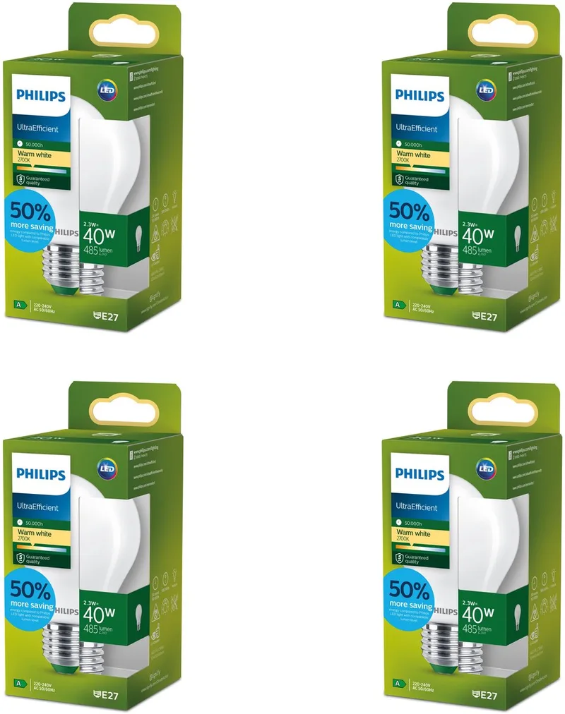 Voordeelverpakking - E27 - Ultra Efficient - LED Standaard lamp - Mat - 40W - Niet Dimbaar - Warmwit Licht - Set van 4 Stuks de Philips – photo produit