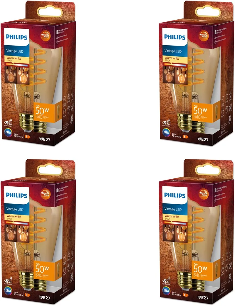 Voordeelverpakking - E27 - WarmGlow - LED Edisonlamp - Filament - Amber - 50W - Dimbaar - Warmwit Licht - Set van 4 Stuks de Philips – photo produit
