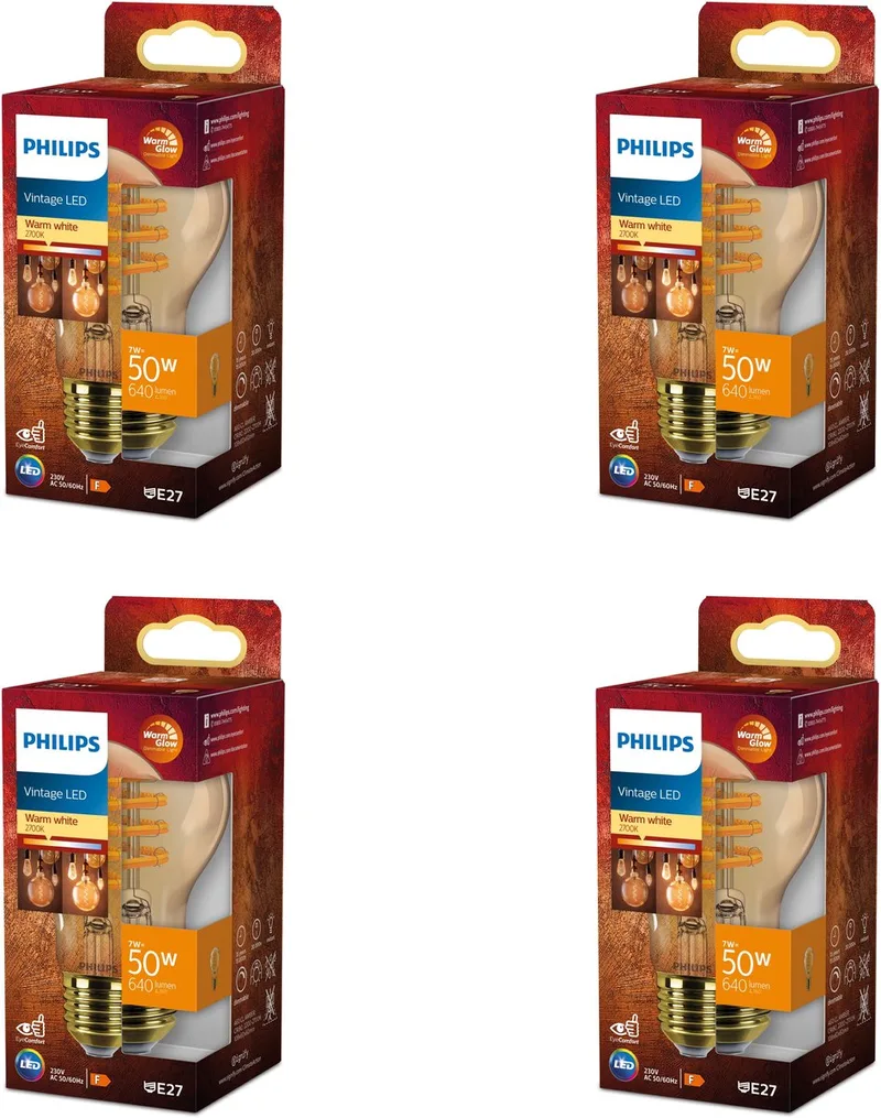 Voordeelverpakking - E27 - WarmGlow - LED Standaard lamp - Mat - 50W - Amber - Dimbaar - Warmwit Licht - Set van 4 Stuks fra Philips – produktbillede