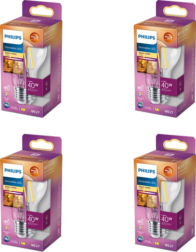 Voordeelverpakking - E27 - WarmGlow - LED Standaardlamp - Helder - 40W - Dimbaar - Warmwit Licht - Set van 4 Stuks fra Philips – produktbillede