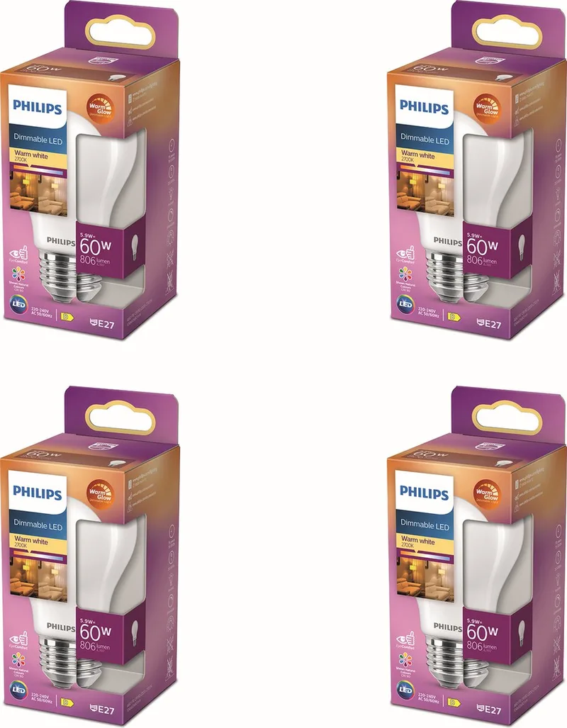 Voordeelverpakking - E27 - WarmGlow - LED Standaardlamp - Mat - 60W - Dimbaar - Warmwit Licht - Set van 4 Stuks de Philips – photo produit