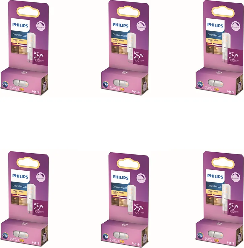 Voordeelverpakking - G9 - LED Capsulelamp - 25W - Dimbaar - Warmwit Licht - Set van 6 Stuks de Philips – photo produit