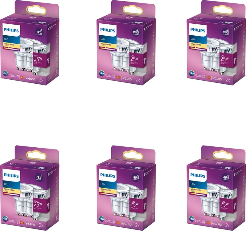 Voordeelverpakking - GU10 - LED Spotlamp - 25W - Niet Dimbaar - Warmwit Licht - Set van 12 Stuks de Philips – photo produit