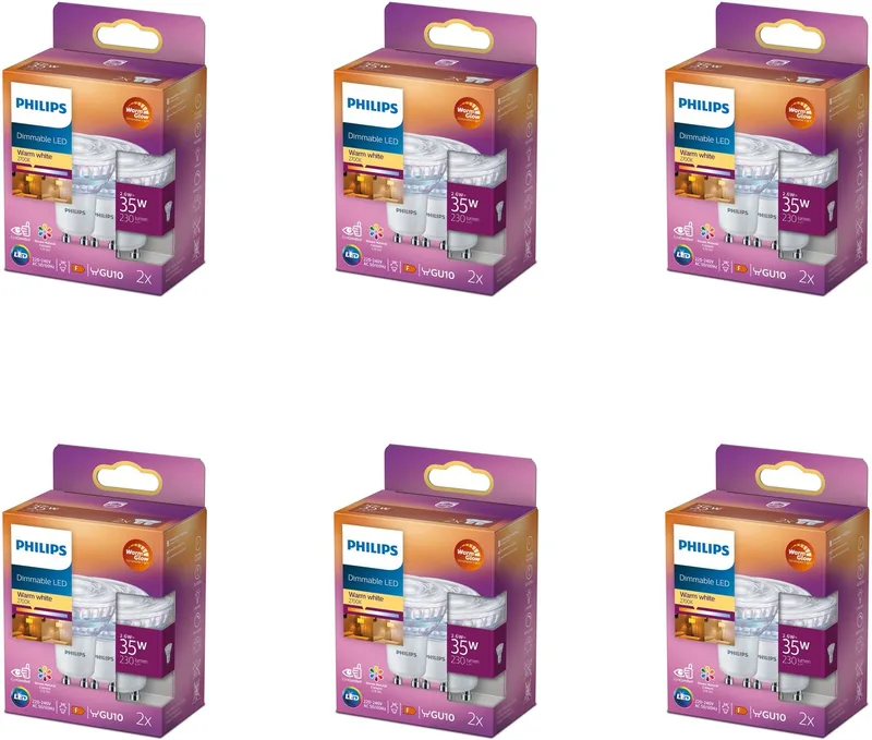 Voordeelverpakking - GU10 - LED Spotlamp - 35W - Dimbaar - Warmwit Licht - Set van 12 Stuks de Philips – photo produit