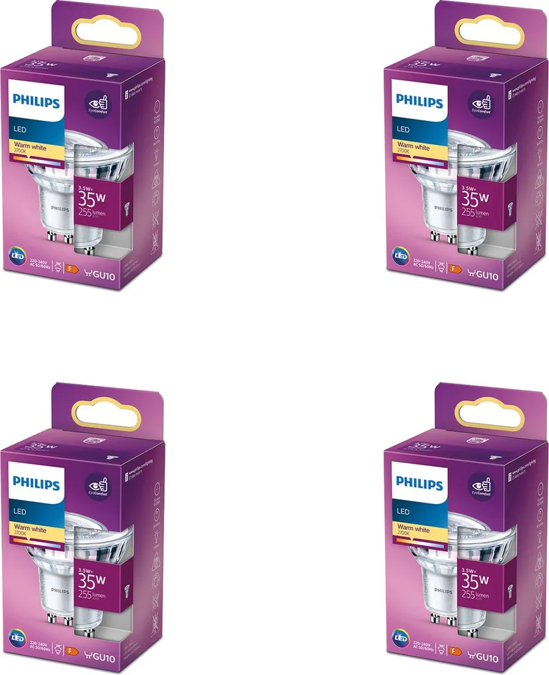Voordeelverpakking - GU10 - LED Spotlamp - 35W - Niet Dimbaar - Warmwit Licht - Set van 4 Stuks von Philips – Produktfoto