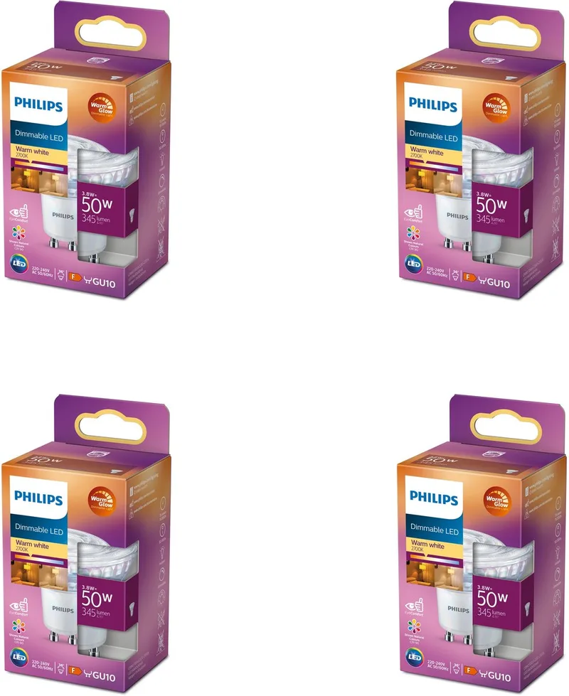 Voordeelverpakking - GU10 - LED Spotlamp - 50W - Dimbaar - Warmwit Licht - Set van 4 Stuks de Philips – photo produit