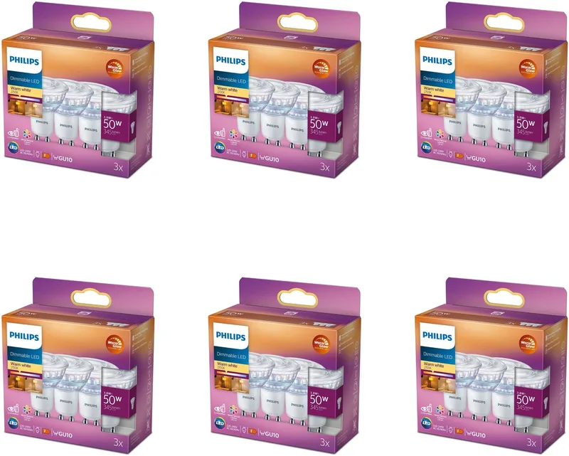 Voordeelverpakking - GU10 - LED Spotlamp - 50W - Dimbaar - Warmwit Licht - Set van 18 Stuks de Philips – photo produit