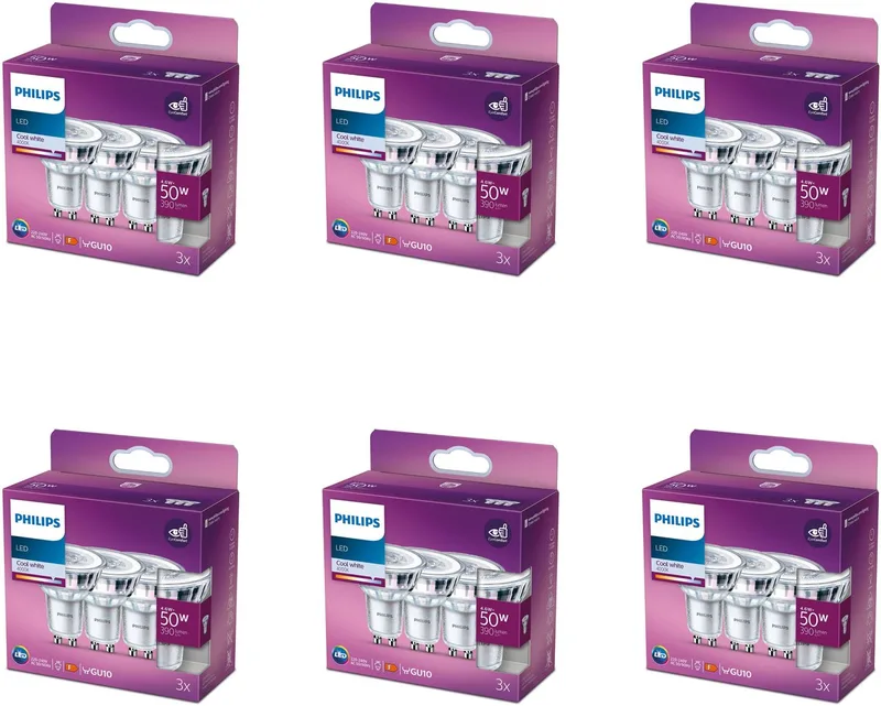 Voordeelverpakking - GU10 - LED Spotlamp - 50W - Niet Dimbaar - Koelwit Licht - Set van 18 Stuks de Philips – photo produit