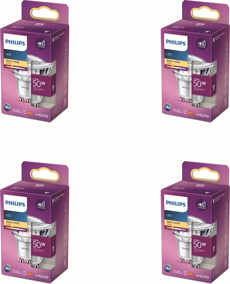 Voordeelverpakking - GU10 - LED Spotlamp - 50W - Niet Dimbaar - Warmwit Licht - Set van 4 Stuks de Philips – photo produit