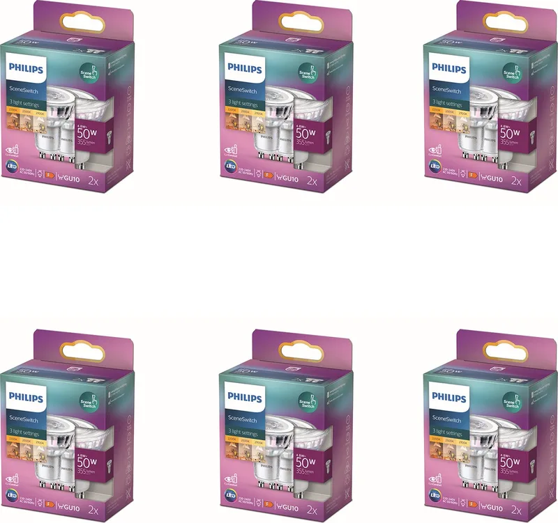 Voordeelverpakking - GU10 - SceneSwitch LED Spotlamp - 50W - Dimbaar - Warmwit Licht - Set van 12 Stuks von Philips – Produktfoto