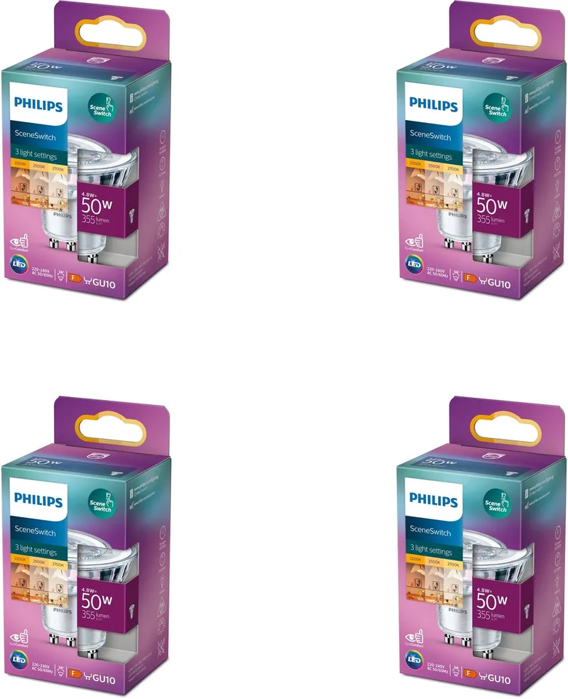 Voordeelverpakking - GU10 - SceneSwitch - LED Spotlamp - 50W - Warmwit Licht - Set van 4 Stuks von Philips – Produktfoto