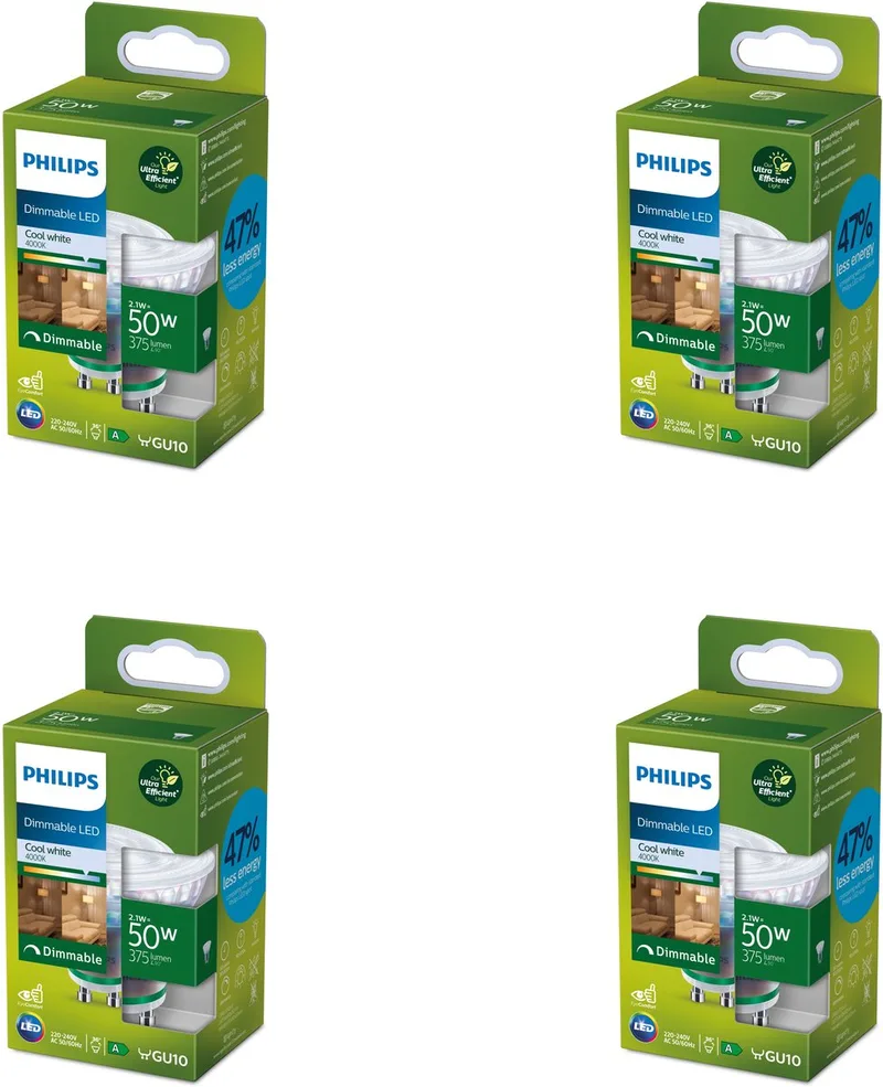 Voordeelverpakking - GU10 - Ultra Efficient - LED Spotlamp - 50W - Niet Dimbaar - Koelwit Licht - Set van 4 Stuks fra Philips – produktbillede