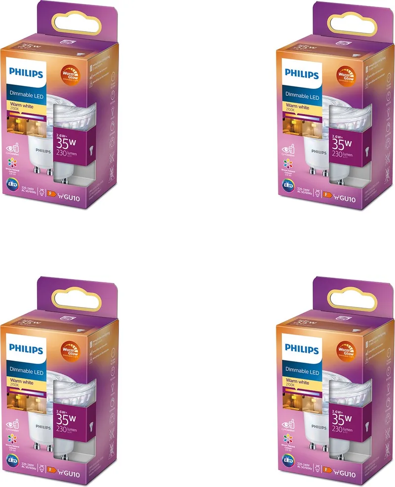 Voordeelverpakking - GU10 - WarmGlow LED Spotlamp - 35W - Dimbaar - Warmwit Licht - Set van 4 Stuks von Philips – Produktfoto