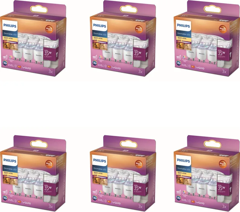 Voordeelverpakking - GU10 - WarmGlow LED Spotlamp - 35W - Dimbaar - Warmwit Licht - Set van 18 Stuks de Philips – photo produit