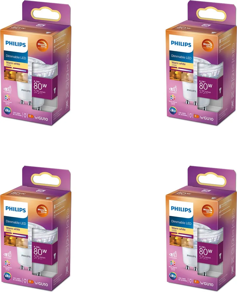 Voordeelverpakking - GU10 - WarmGlow LED Spotlamp - 80W - Dimbaar - Warmwit Licht - Set van 4 Stuks från Philips – produktbild